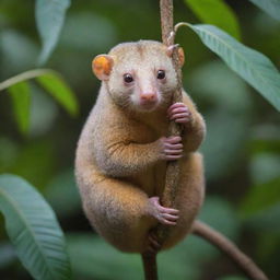 A Morroxan Cuscus, an exotic, possum-like mammal with lush, dense fur and intricate patterns, hanging from a tree in a vibrant, tropical rainforest