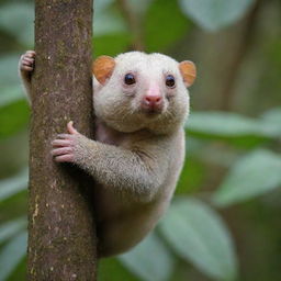 A Morroxan Cuscus, an exotic, possum-like mammal with lush, dense fur and intricate patterns, hanging from a tree in a vibrant, tropical rainforest