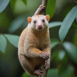 A Morroxan Cuscus, an exotic, possum-like mammal with lush, dense fur and intricate patterns, hanging from a tree in a vibrant, tropical rainforest