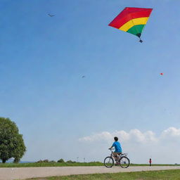 A cautious boy flying a kite in the clear sky, with nearby birds perceptibly maintaining a safe distance, and cyclists passing by alertly watching out for the kite's path.