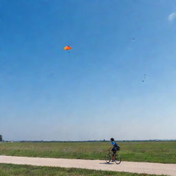 A cautious boy flying a kite in the clear sky, with nearby birds perceptibly maintaining a safe distance, and cyclists passing by alertly watching out for the kite's path.
