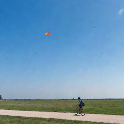 A cautious boy flying a kite in the clear sky, with nearby birds perceptibly maintaining a safe distance, and cyclists passing by alertly watching out for the kite's path.