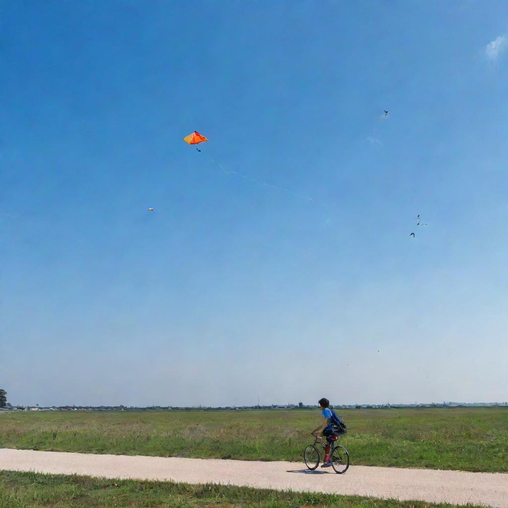 A cautious boy flying a kite in the clear sky, with nearby birds perceptibly maintaining a safe distance, and cyclists passing by alertly watching out for the kite's path.