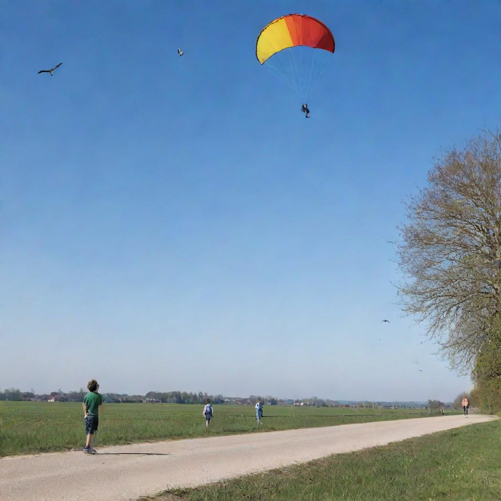 A cautious boy flying a kite in the clear sky, with nearby birds perceptibly maintaining a safe distance, and cyclists passing by alertly watching out for the kite's path.