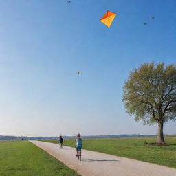 A cautious boy flying a kite in the clear sky, with nearby birds perceptibly maintaining a safe distance, and cyclists passing by alertly watching out for the kite's path.