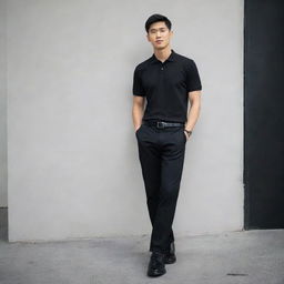 A confident Asian male wearing a black polo shirt neatly tucked into black pants, paired with polished black shoes.