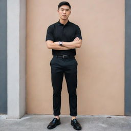 A confident Asian male wearing a black polo shirt neatly tucked into black pants, paired with polished black shoes.