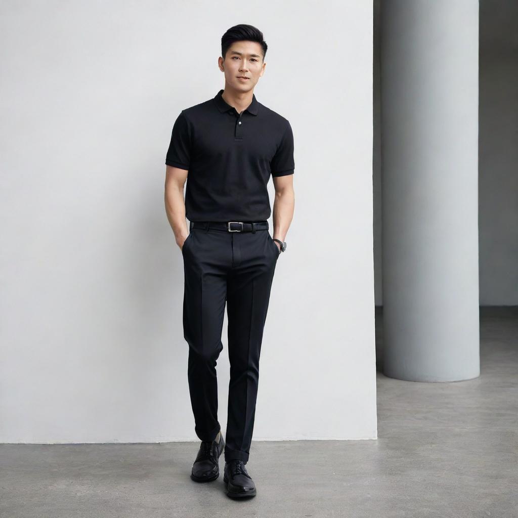 A confident Asian male wearing a black polo shirt neatly tucked into black pants, paired with polished black shoes.