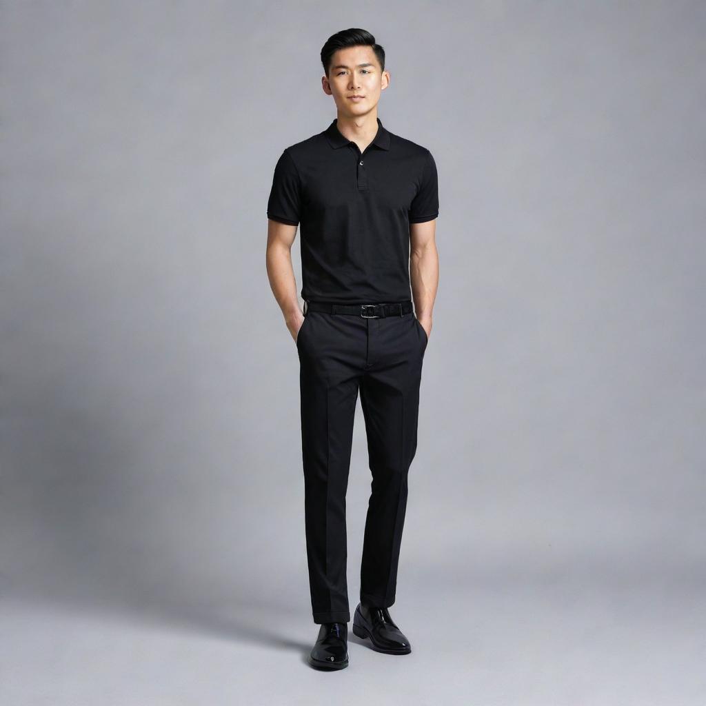 A confident Asian male wearing a black polo shirt neatly tucked into black pants, paired with polished black shoes.