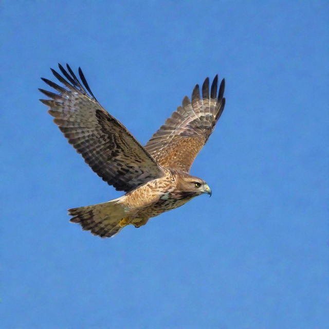 A majestic hawk in flight with a clear blue sky as a backdrop.