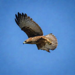 A majestic hawk in flight with a clear blue sky as a backdrop.