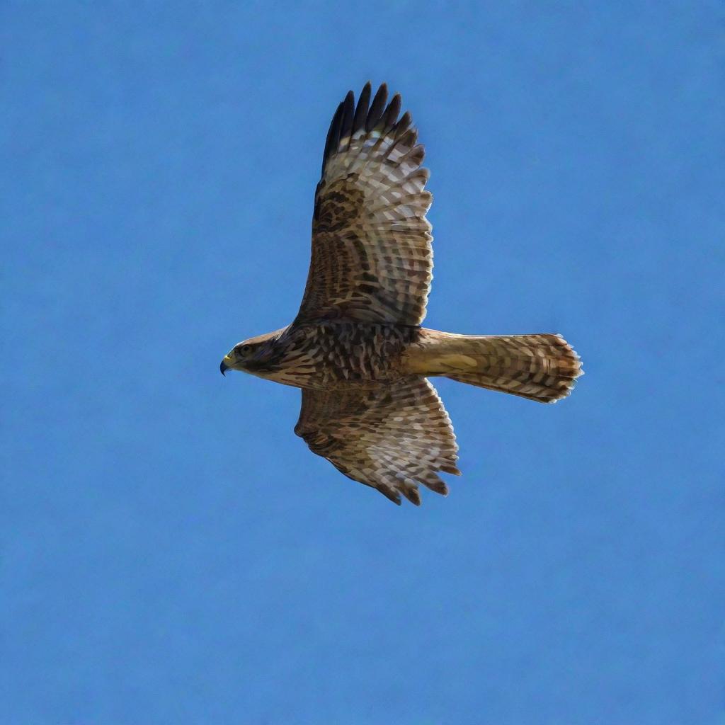 A majestic hawk in flight with a clear blue sky as a backdrop.