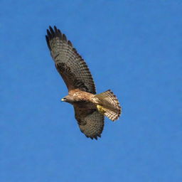 A majestic hawk in flight with a clear blue sky as a backdrop.