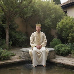 A regal king seated on a modest stool in a lush garden, receiving a warm water bath poured by his queen. The water trickles into a nearby narrow street, observed silently by a distant sage.