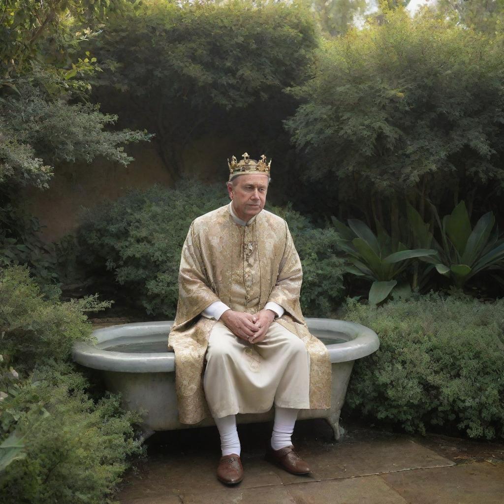 A regal king seated on a modest stool in a lush garden, receiving a warm water bath poured by his queen. The water trickles into a nearby narrow street, observed silently by a distant sage.