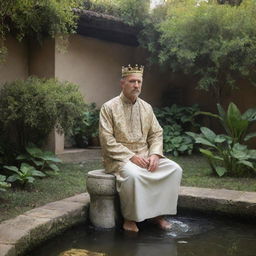 A regal king seated on a modest stool in a lush garden, receiving a warm water bath poured by his queen. The water trickles into a nearby narrow street, observed silently by a distant sage.