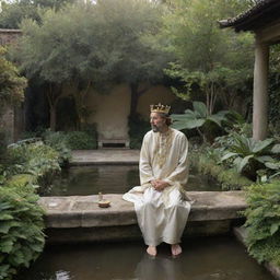 A regal king seated on a modest stool in a lush garden, receiving a warm water bath poured by his queen. The water trickles into a nearby narrow street, observed silently by a distant sage.