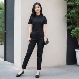 An elegant Asian female wearing a black polo shirt neatly tucked into black pants, complemented by chic black flat doll shoes.