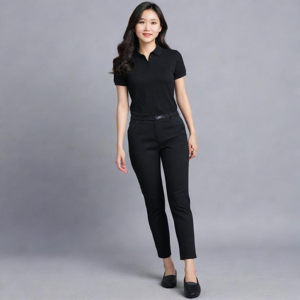 An elegant Asian female wearing a black polo shirt neatly tucked into black pants, complemented by chic black flat doll shoes.