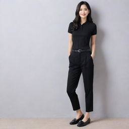 An elegant Asian female wearing a black polo shirt neatly tucked into black pants, complemented by chic black flat doll shoes.