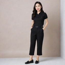 An elegant Asian female wearing a black polo shirt neatly tucked into black pants, complemented by chic black flat doll shoes.