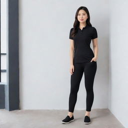 An Asian female in a sleek black polo shirt tucked into fitted black leggings, finished off with stylish black flat doll shoes.