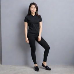 An Asian female in a sleek black polo shirt tucked into fitted black leggings, finished off with stylish black flat doll shoes.