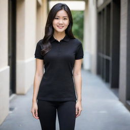 An Asian female in a sleek black polo shirt tucked into fitted black leggings, finished off with stylish black flat doll shoes.