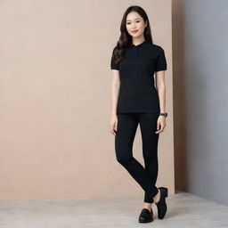 An Asian female in a sleek black polo shirt tucked into fitted black leggings, finished off with stylish black flat doll shoes.