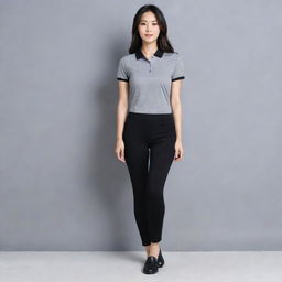 A stylish Asian female wearing a grey polo shirt neatly tucked into black legging pants, completed with black flat doll shoes.