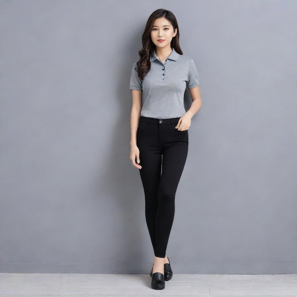 A stylish Asian female wearing a grey polo shirt neatly tucked into black legging pants, completed with black flat doll shoes.