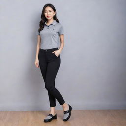 A stylish Asian female wearing a grey polo shirt neatly tucked into black legging pants, completed with black flat doll shoes.