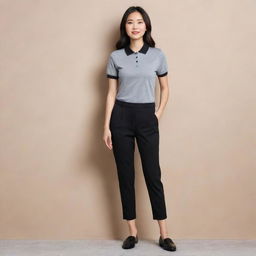 An Asian female sporting a casual yet chic look with a grey polo shirt tucked into black pants, paired with black flat doll shoes.