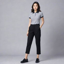 An Asian female sporting a casual yet chic look with a grey polo shirt tucked into black pants, paired with black flat doll shoes.