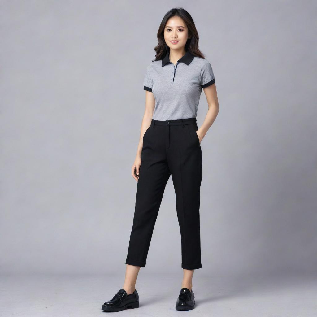 An Asian female sporting a casual yet chic look with a grey polo shirt tucked into black pants, paired with black flat doll shoes.