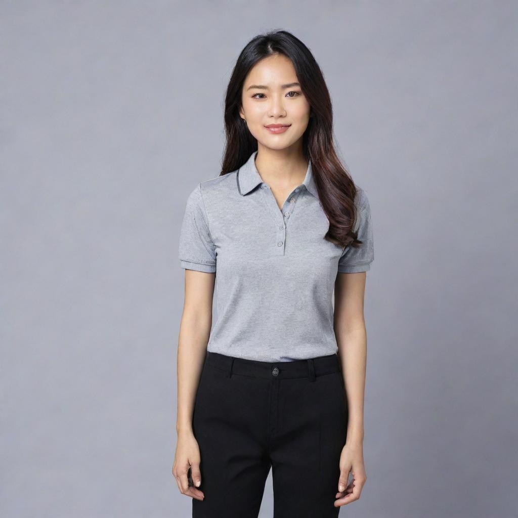 An Asian female sporting a casual yet chic look with a grey polo shirt tucked into black pants, paired with black flat doll shoes.