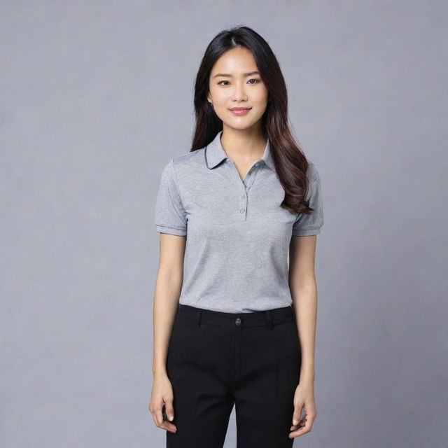 An Asian female sporting a casual yet chic look with a grey polo shirt tucked into black pants, paired with black flat doll shoes.