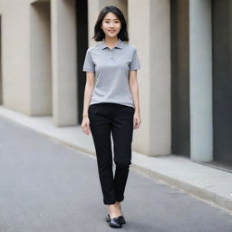 An Asian female sporting a casual yet chic look with a grey polo shirt tucked into black pants, paired with black flat doll shoes.