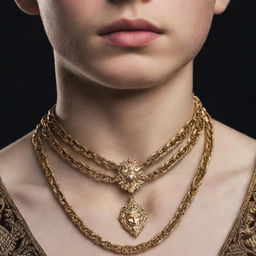 A close up image of a boy's neck, highlighting a royal-like, opulent chain. The focus is strictly on the neck and chain, keeping the face obscured. This image is intended for book cover use.