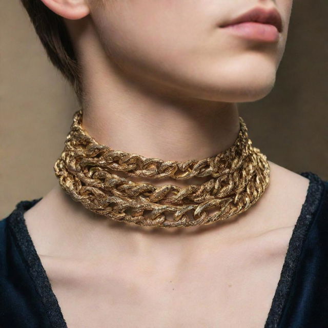 A close up image of a boy's neck, highlighting a royal-like, opulent chain. The focus is strictly on the neck and chain, keeping the face obscured. This image is intended for book cover use.