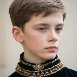 A close up image of a boy's neck, highlighting a royal-like, opulent chain. The focus is strictly on the neck and chain, keeping the face obscured. This image is intended for book cover use.