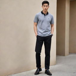 A fashion-forward Asian male wearing a grey polo shirt, neatly tucked into black pants, and paired with polished black shoes.