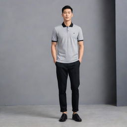 A fashion-forward Asian male wearing a grey polo shirt, neatly tucked into black pants, and paired with polished black shoes.