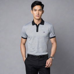 A fashion-forward Asian male wearing a grey polo shirt, neatly tucked into black pants, and paired with polished black shoes.