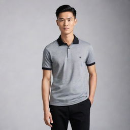 A fashion-forward Asian male wearing a grey polo shirt, neatly tucked into black pants, and paired with polished black shoes.