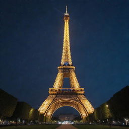 Eiffel tower standing tall in Paris, illuminated under the starry night sky