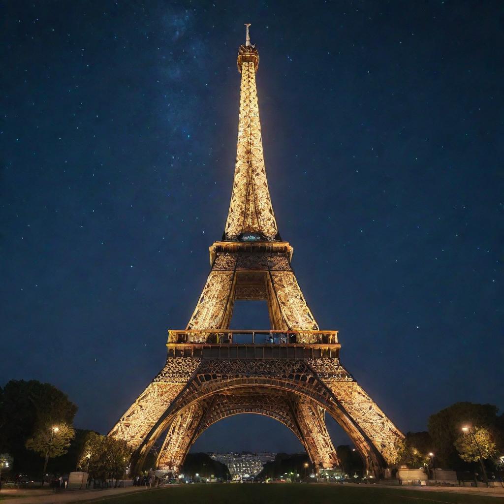 Eiffel tower standing tall in Paris, illuminated under the starry night sky