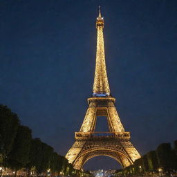 Eiffel tower standing tall in Paris, illuminated under the starry night sky