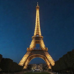 Eiffel tower standing tall in Paris, illuminated under the starry night sky