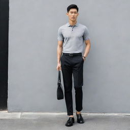 An Asian male in a sophisticated look with a plain grey polo shirt tucked into black pants, matched with polished black shoes.